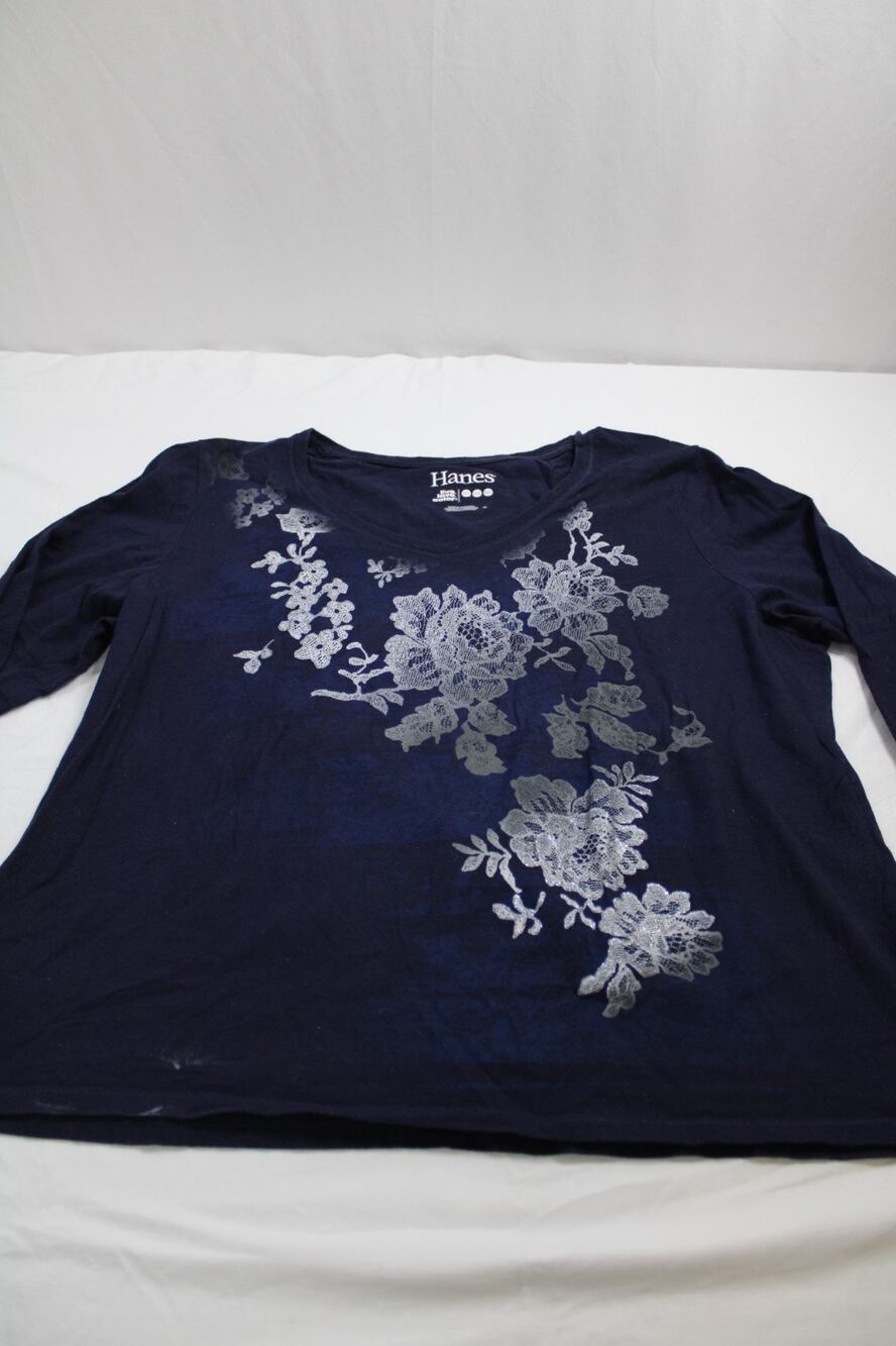 Hanes Women's 2XL Live Love Color Floral V-Neck Long Sleeve Cotton Shirt Navy